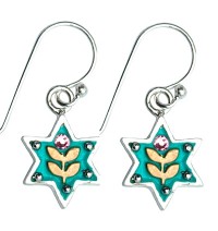 Enamel and Silver  Star of David Earrings - Golden Leaves